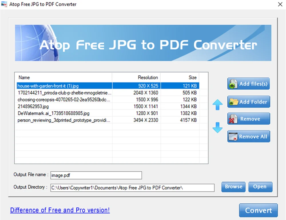 интерфейс Atop Free JPG to PDF Converter